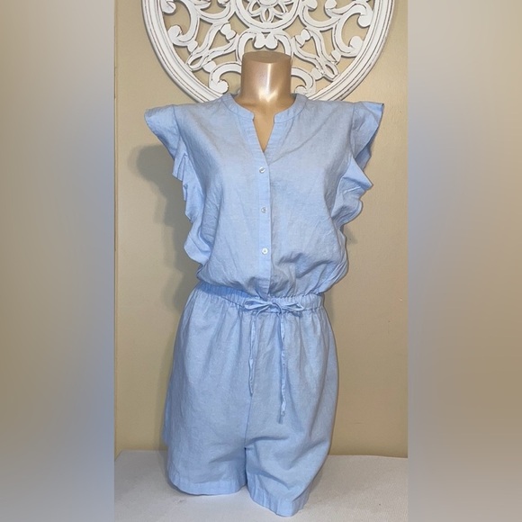 Saks Fifth Avenue women’s romper large 12 14 jumper jumpsuit linen blue ruffle - Picture 2 of 8